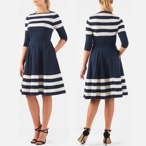 eShakti Banded Stripe High Boat Neck Cotton Dress